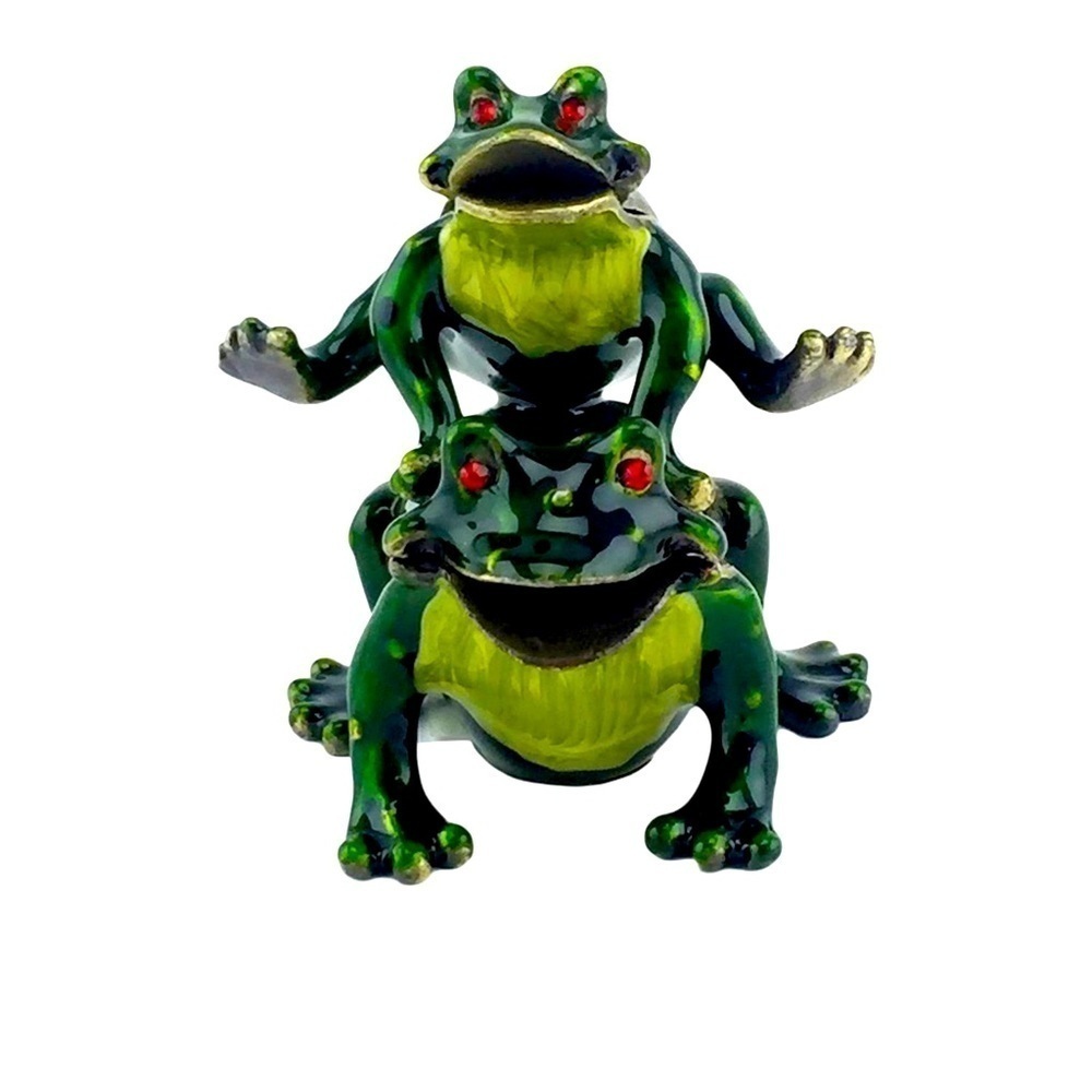 Welforth Hopping Frogs Pewter Trinket Box, Enamel with Red Crystal Eyes, 2" Tall